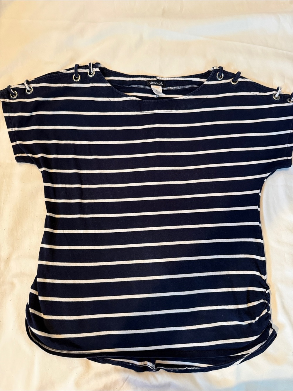 Olivia Blu Navy & White Striped Short Sleeve Top with Eyelet Detail